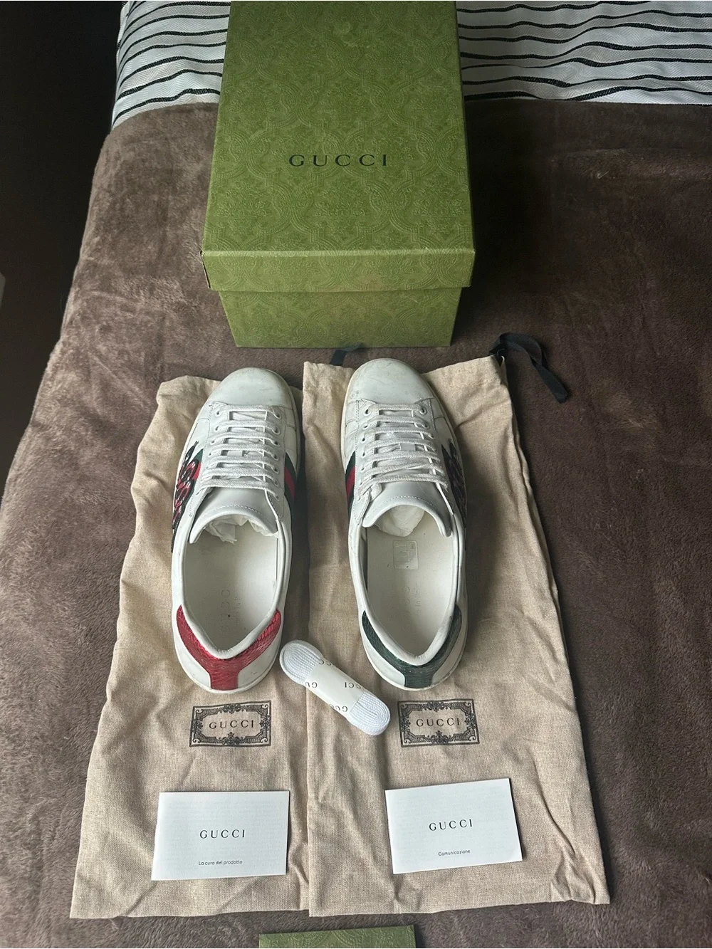 Gucci White Leather Ace Sneakers with Red Snake and Green-Red Web